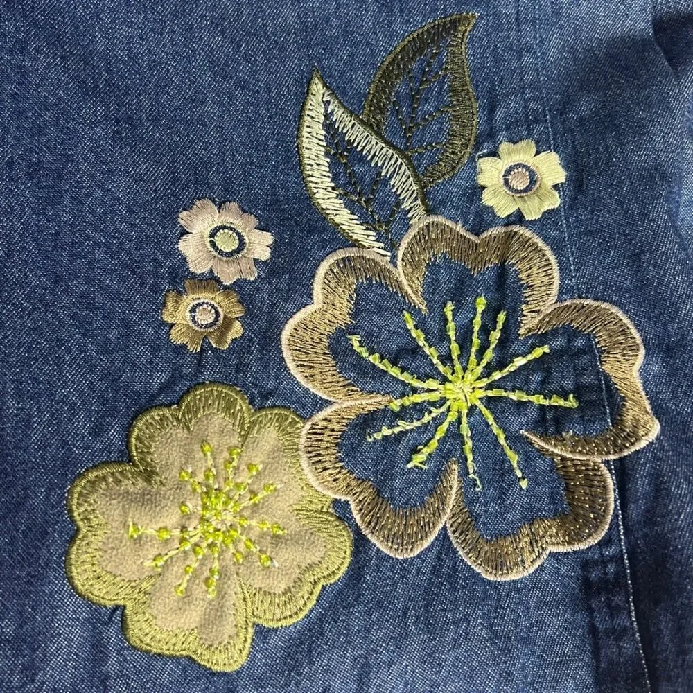 Tantrums Women's PS Blue Denim Floral Embroidered Beaded Blazer Jacket Cotton - Picture 6 of 14